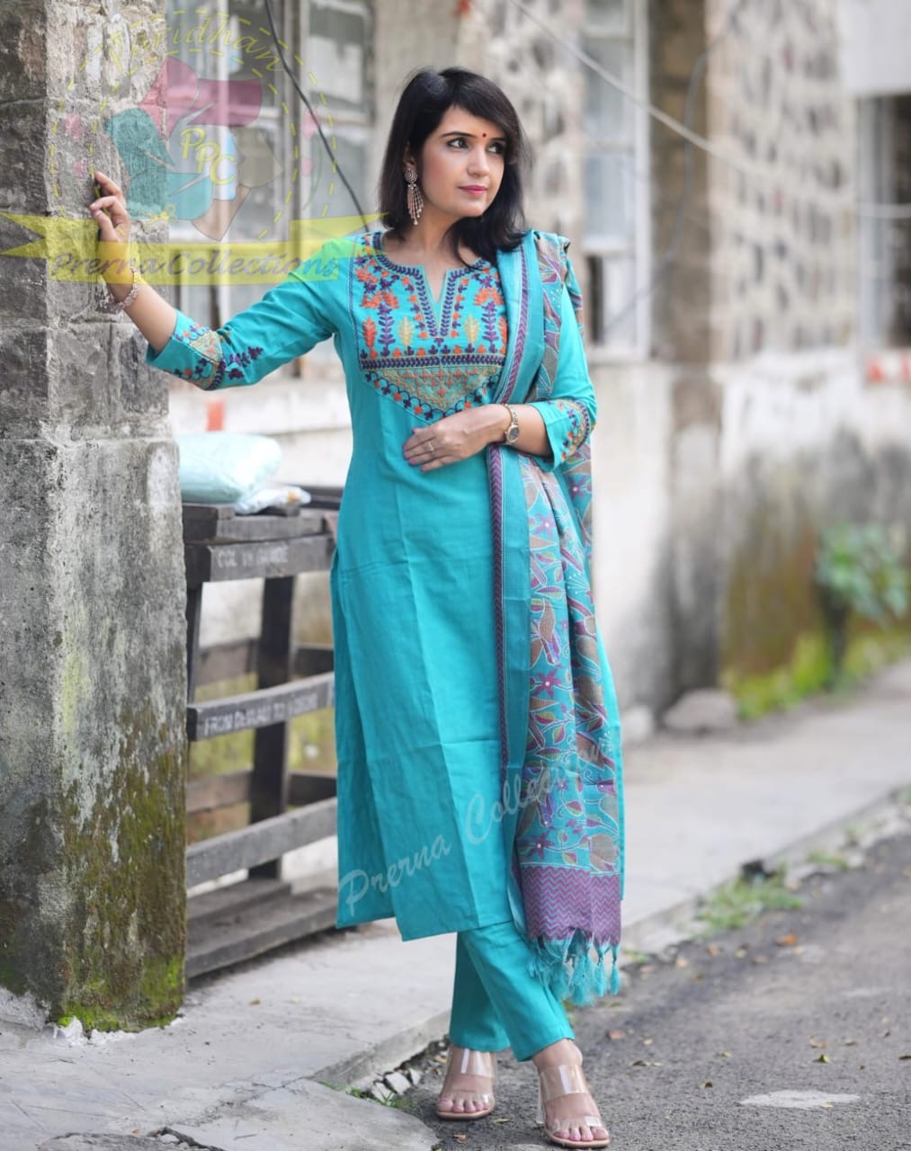 Handloom Embroidered Kurta Pant Set with Khadi Silk Kantha Print