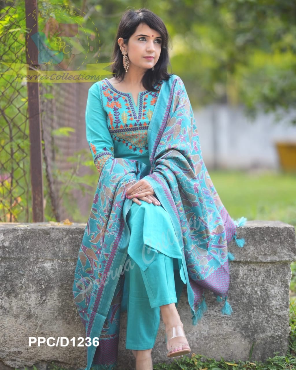 Handloom Embroidered Kurta Pant Set with Khadi Silk Kantha Print