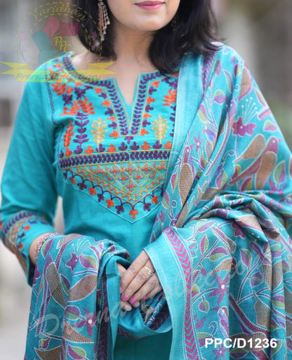 Handloom Embroidered Kurta Pant Set with Khadi Silk Kantha Print