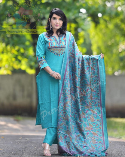Handloom Embroidered Kurta Pant Set with Khadi Silk Kantha Print