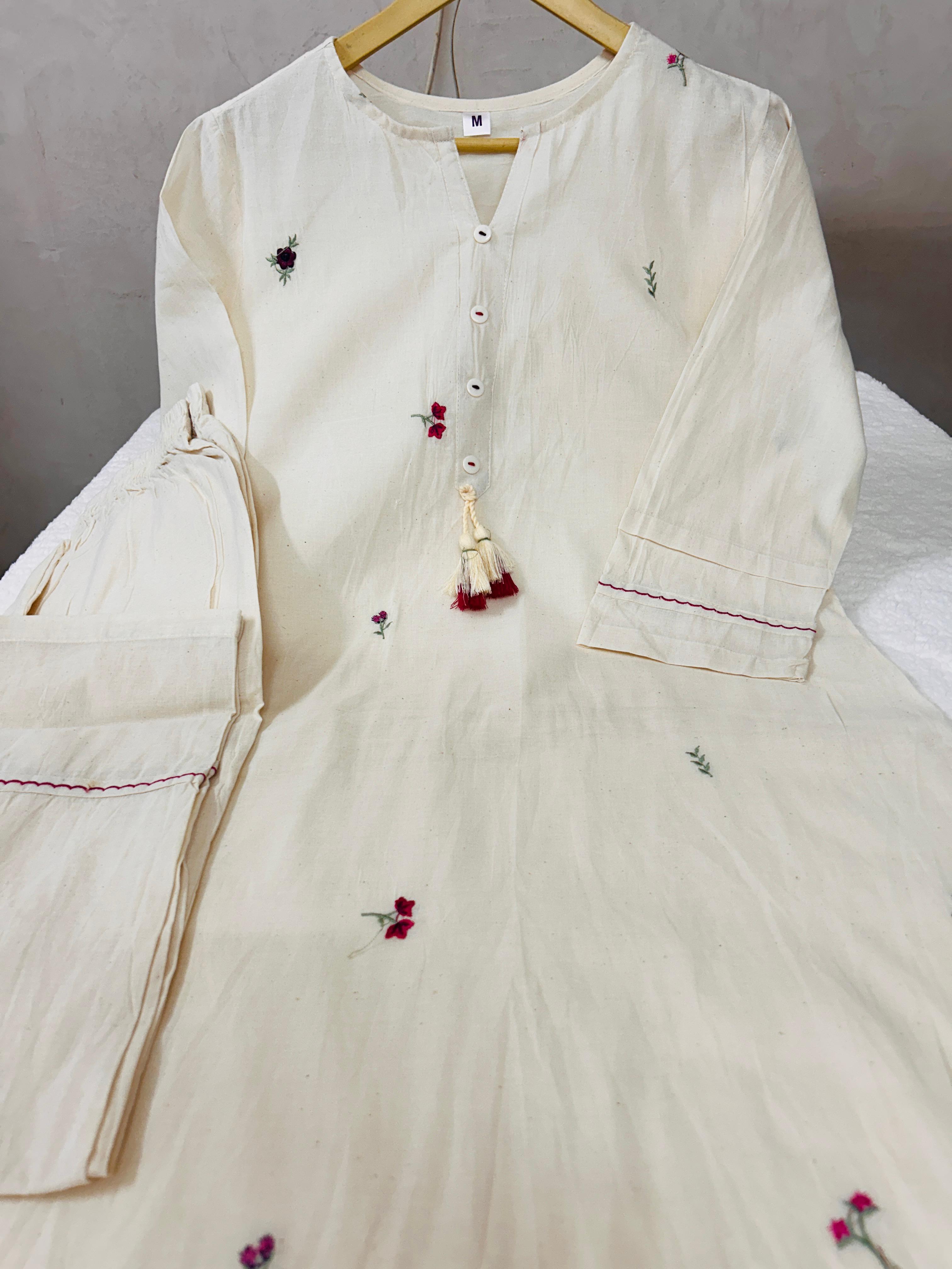 Floral Embroidered Regular Pure Cotton Kurta with Trousers