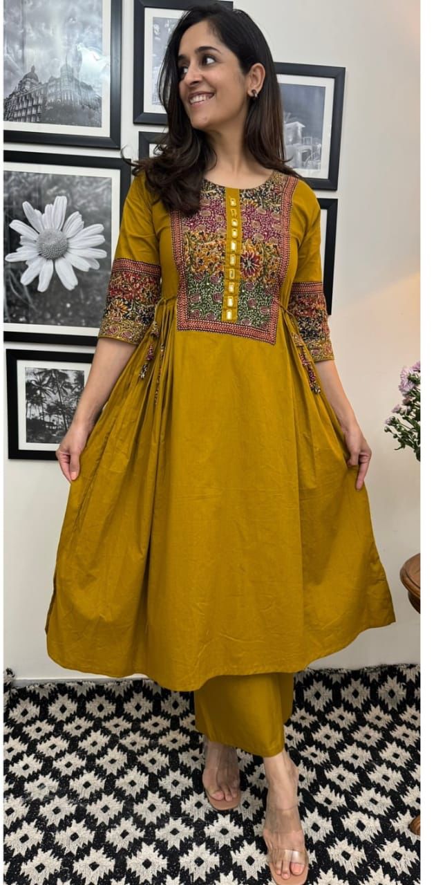 Women’s Mustard Yellow Cotton Anarkali Kurta with Embroidered Yoke