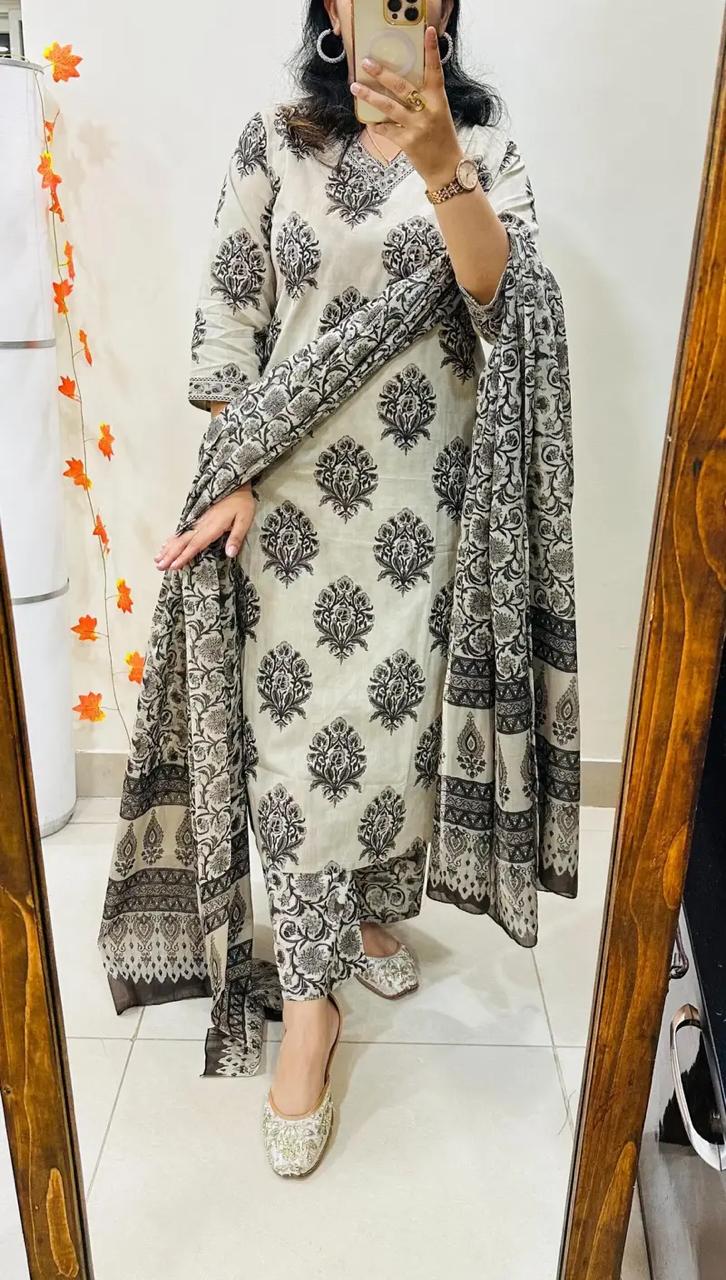 Black & Off-White Handblock Printed Straight Kurta Set with Dupatta for Women
