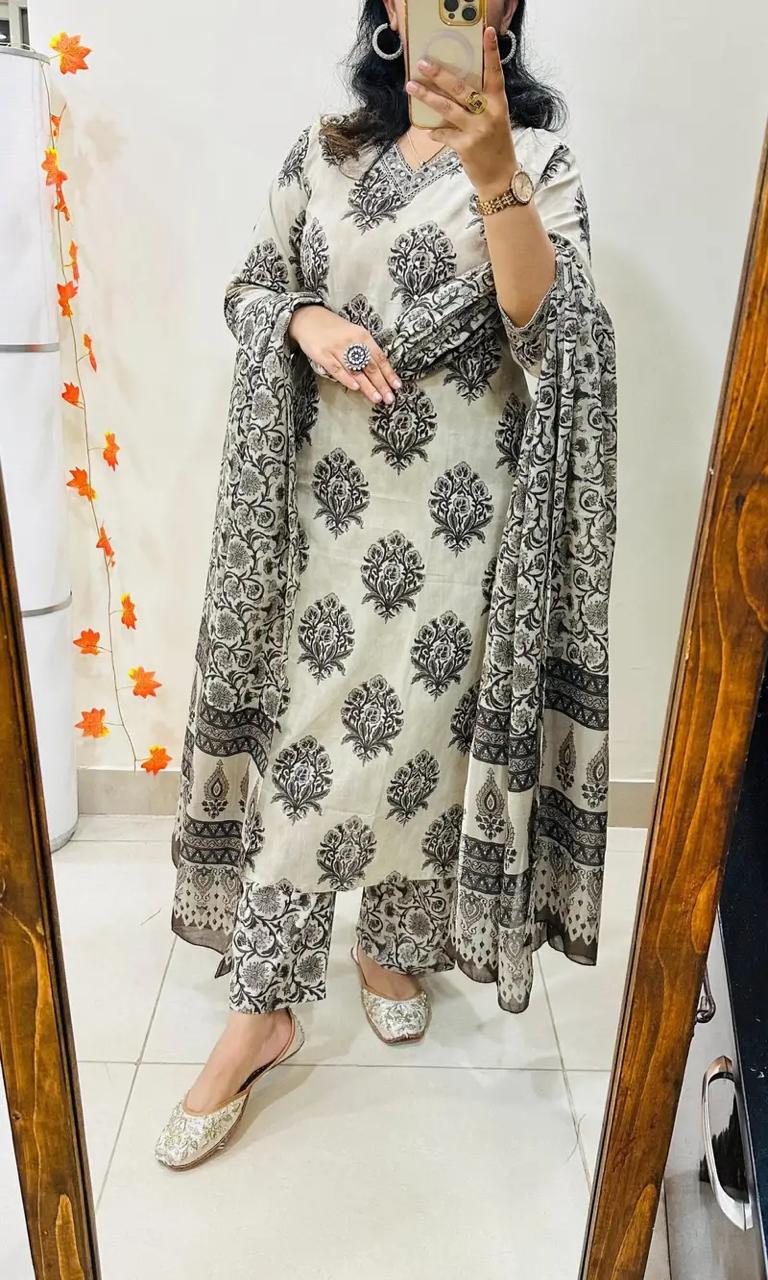 Black & Off-White Handblock Printed Straight Kurta Set with Dupatta for Women
