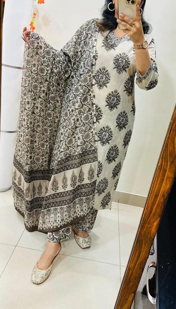 Black & Off-White Handblock Printed Straight Kurta Set with Dupatta for Women