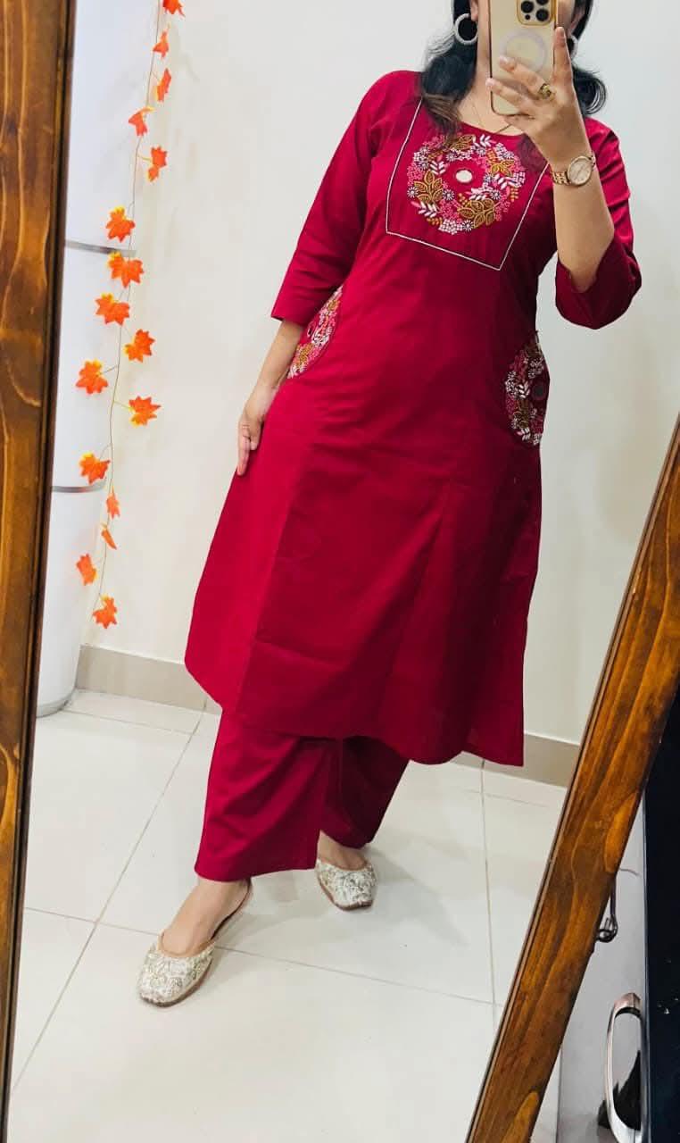 Maroon Embroidered Straight Kurta Set with Pants for Women