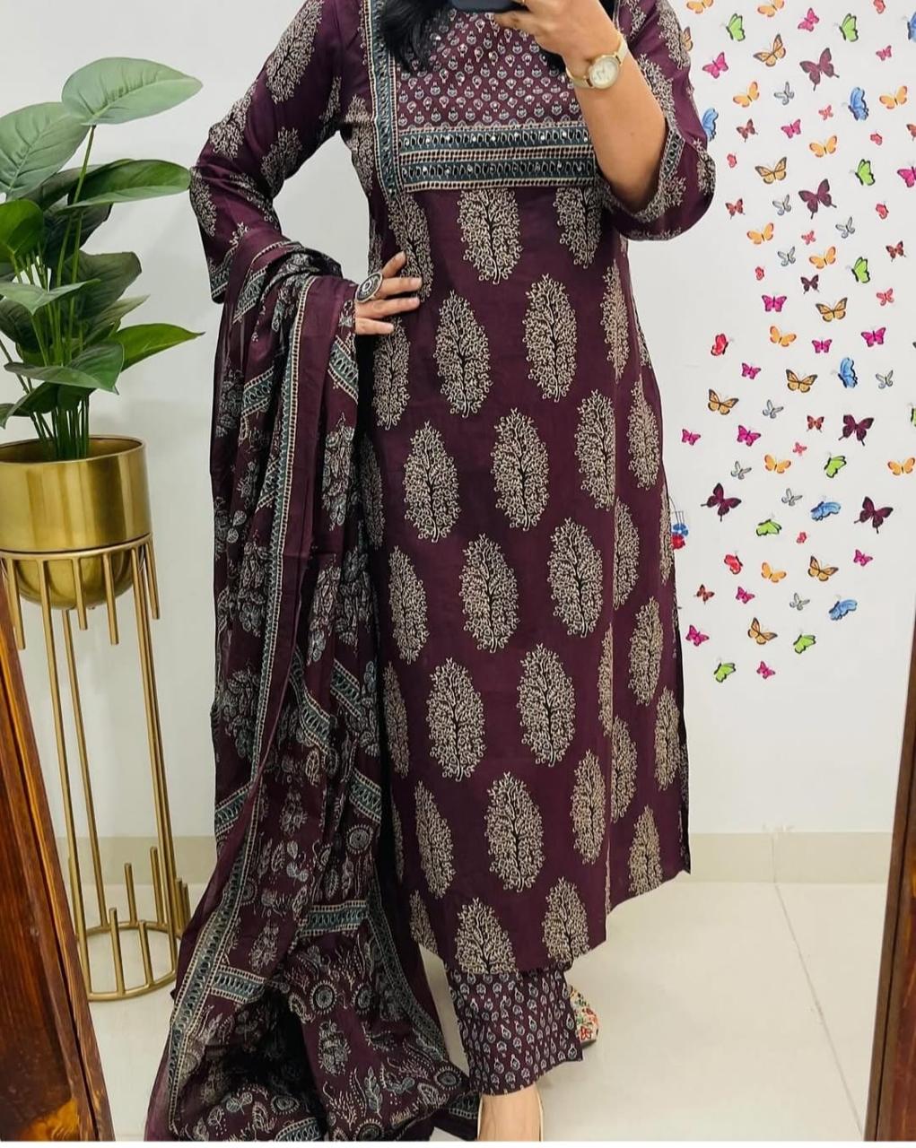 Wine Purple Printed Kurta Set with Dupatta for Women