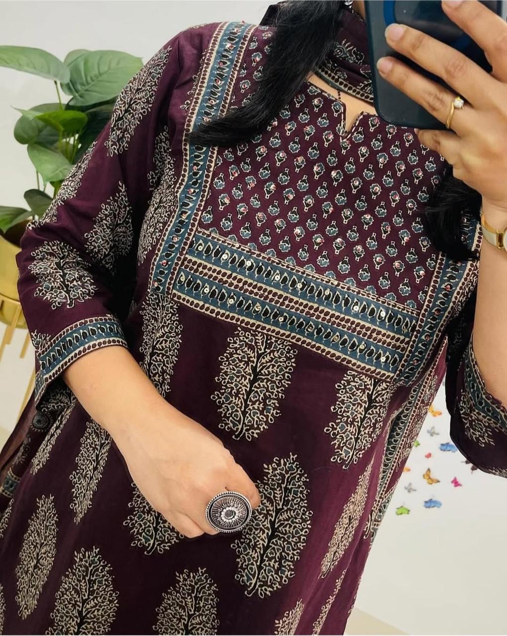 Wine Purple Printed Kurta Set with Dupatta for Women