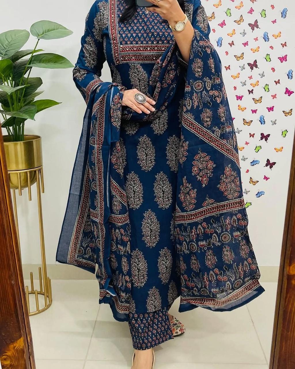 Navy Blue Printed Kurta Set with Dupatta for Women