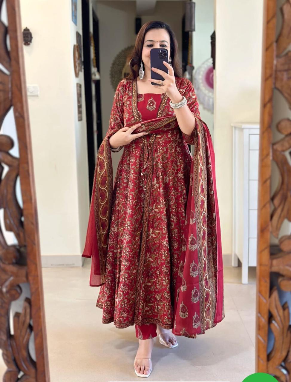 Red Printed Anarkali Kurta Set with Dupatta for Women