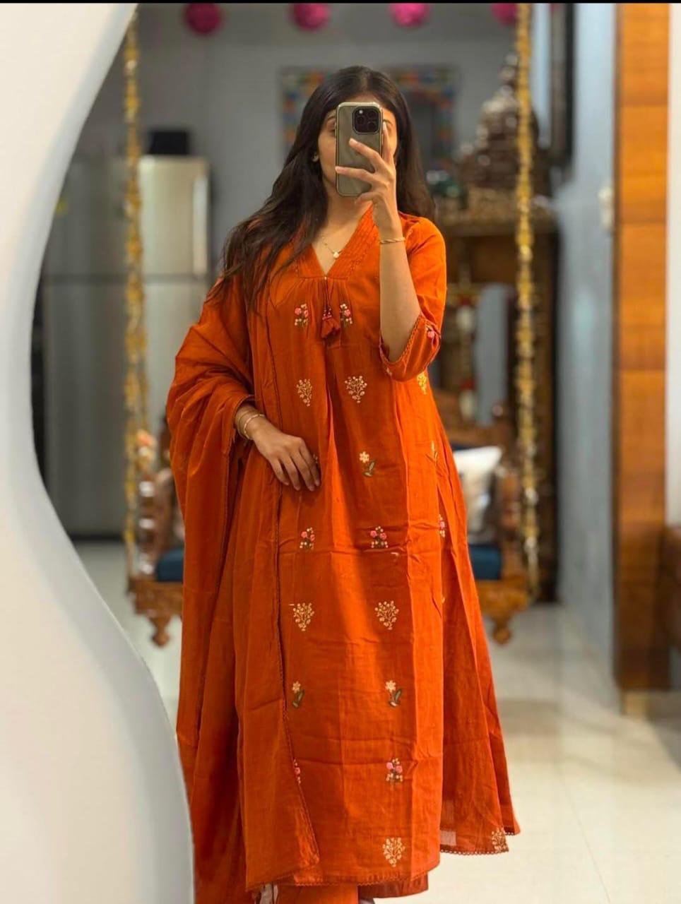 Rust Orange Embroidered Straight Kurta Set with Dupatta for Women