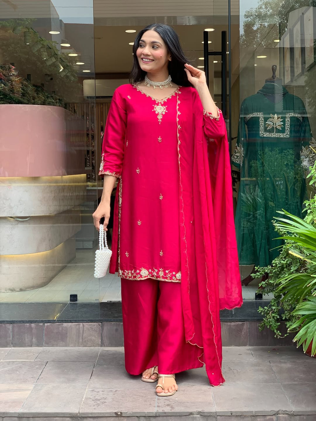 Fuchsia Pink Embroidered Kurta Palazzo Set with Dupatta for Women