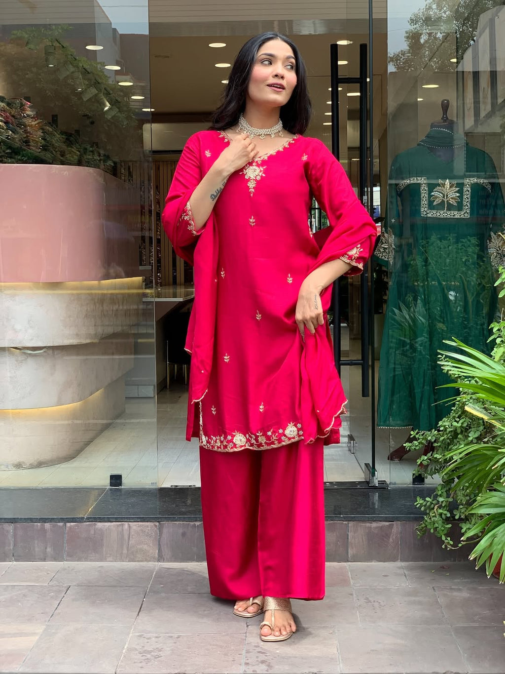 Fuchsia Pink Embroidered Kurta Palazzo Set with Dupatta for Women