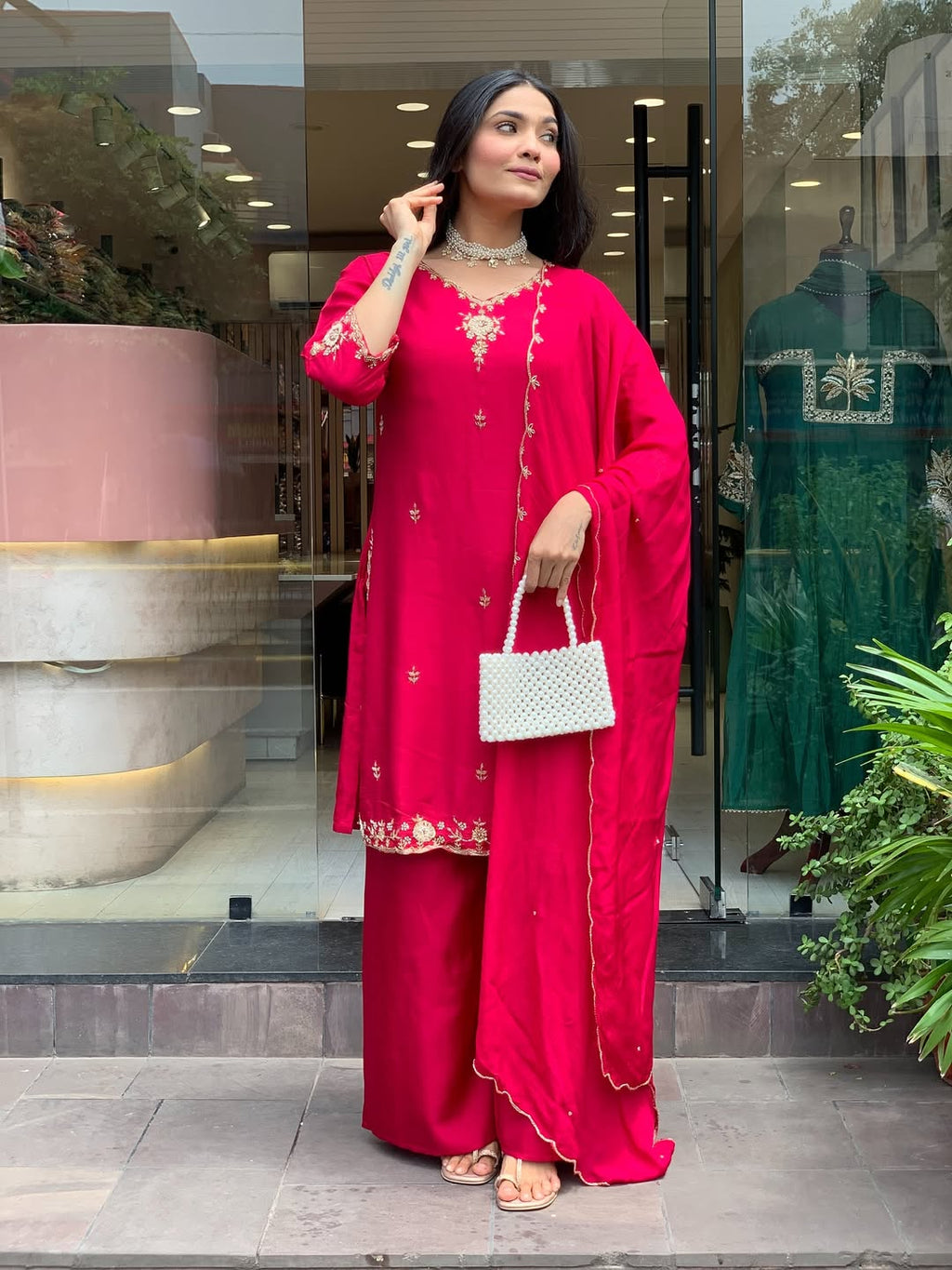 Fuchsia Pink Embroidered Kurta Palazzo Set with Dupatta for Women