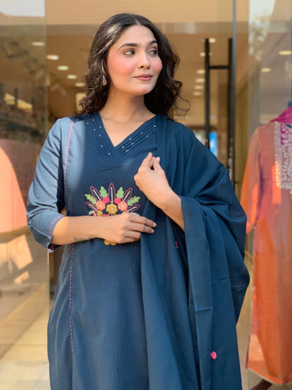 Women’s Teal Blue Cotton Kurta Pant Set with Embroidered Motif & Dupatta