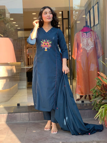 Women’s Teal Blue Cotton Kurta Pant Set with Embroidered Motif & Dupatta