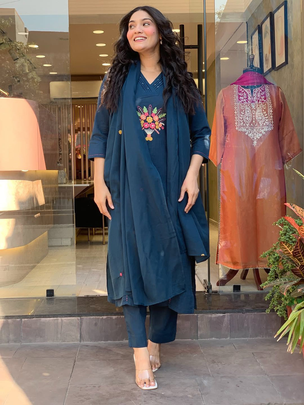 Women’s Teal Blue Cotton Kurta Pant Set with Embroidered Motif & Dupatta