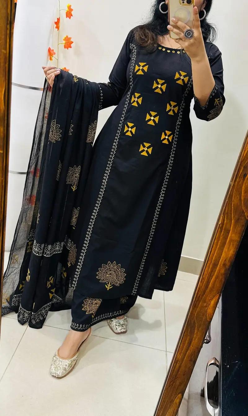 Women’s Black Cotton Printed Kurta Pant Set with Dupatta