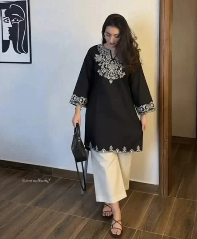 Black Embroidered Kurta Pant Set for Women
