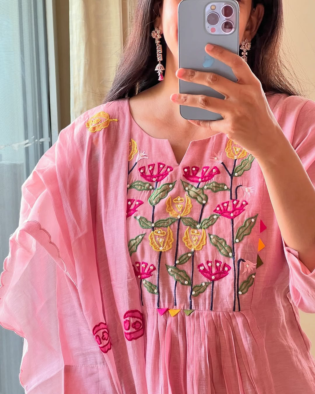 Pink Hand Embroidered Cotton Kurta Set with Dupatta