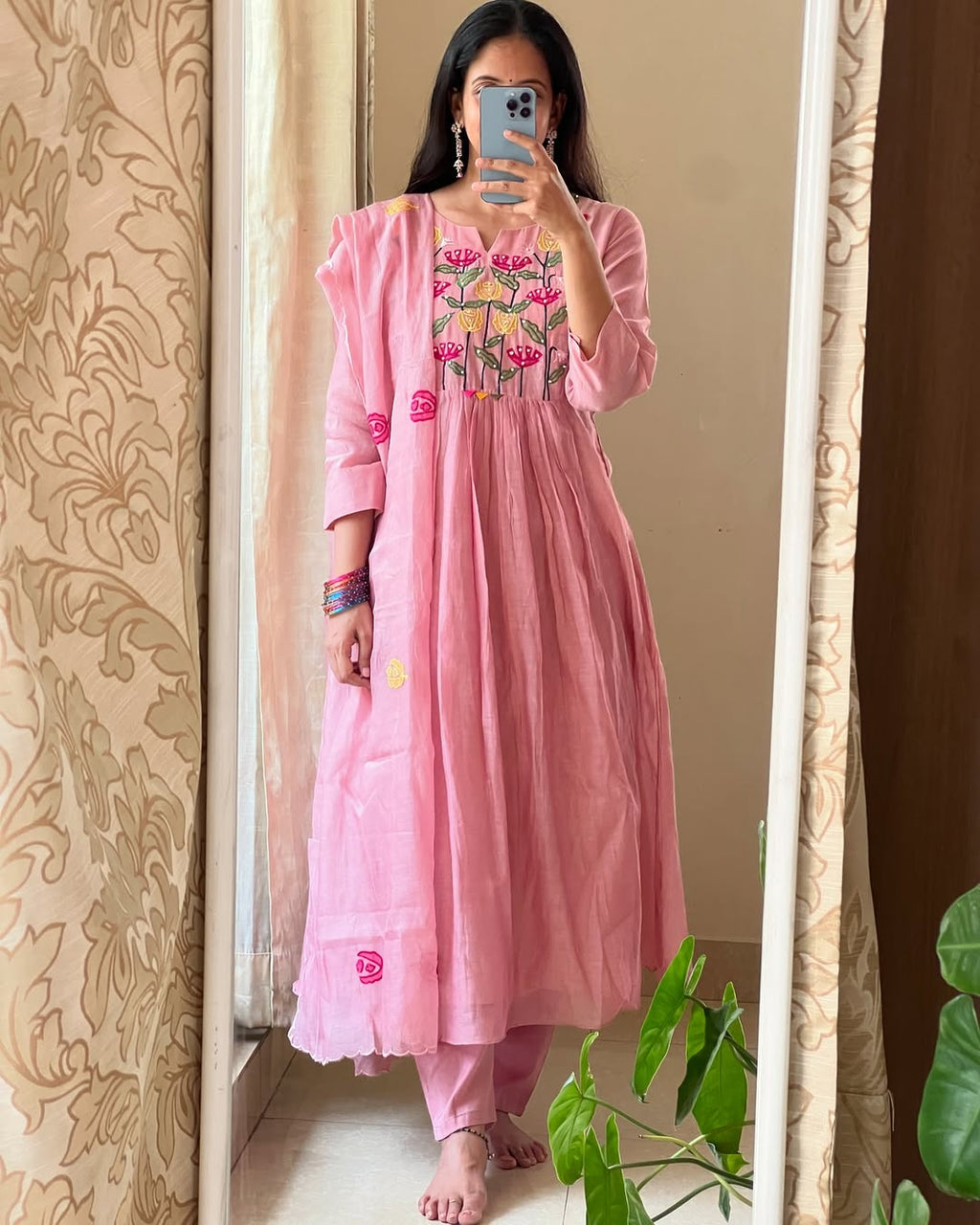 Pink Hand Embroidered Cotton Kurta Set with Dupatta
