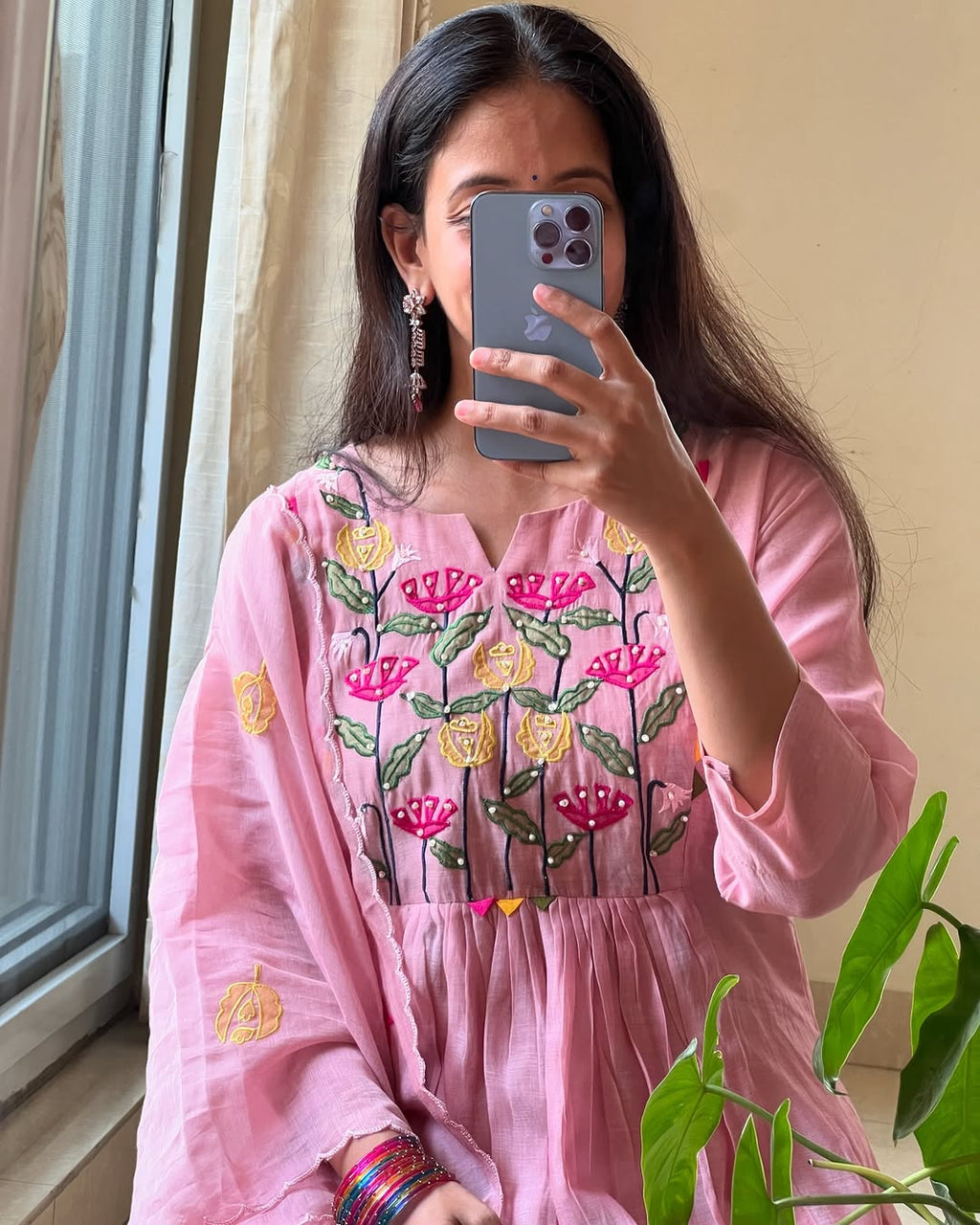 Pink Hand Embroidered Cotton Kurta Set with Dupatta