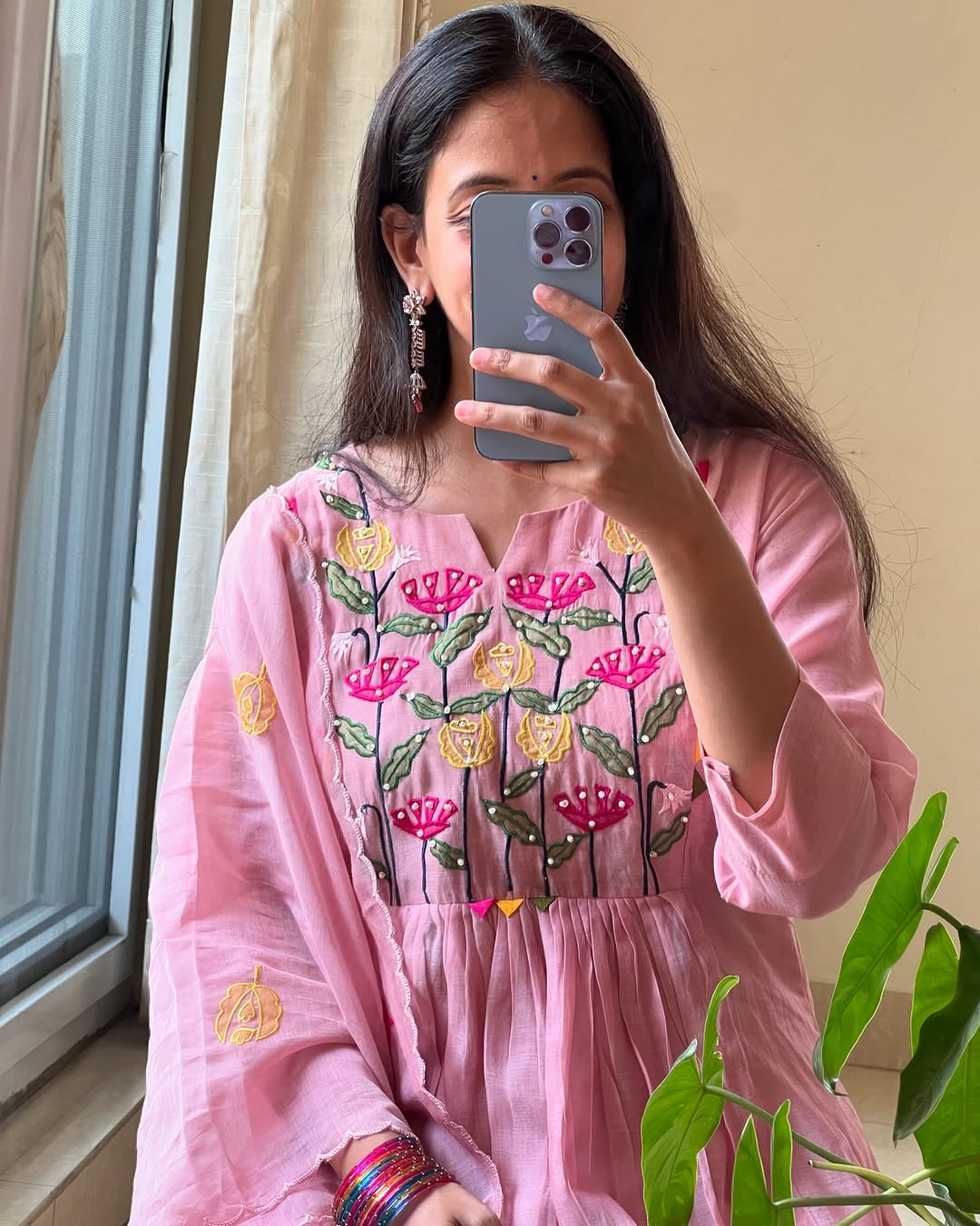 Pink Hand Embroidered Cotton Kurta Set with Dupatta