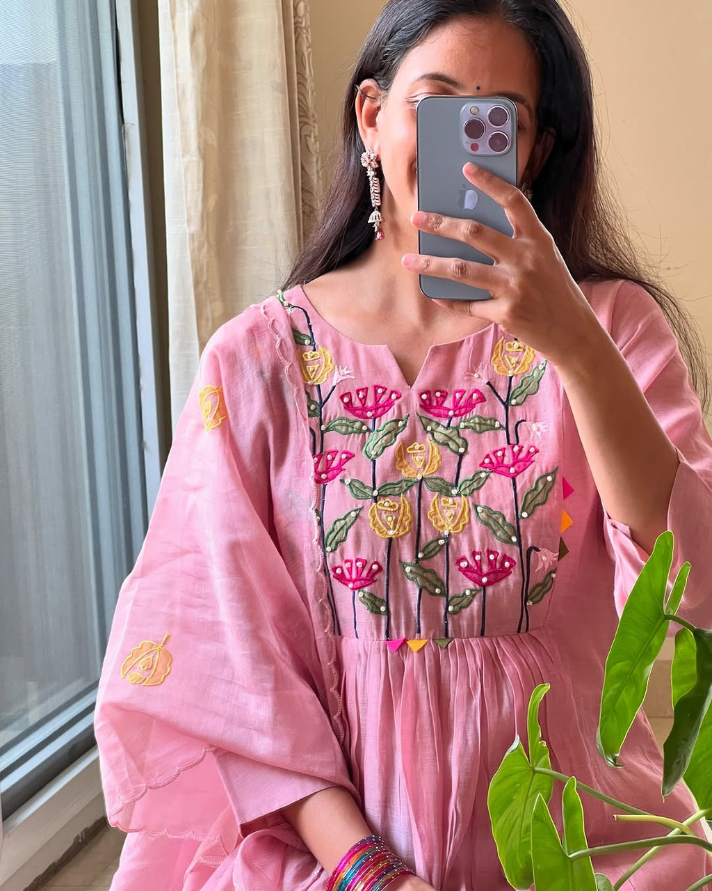 Pink Hand Embroidered Cotton Kurta Set with Dupatta