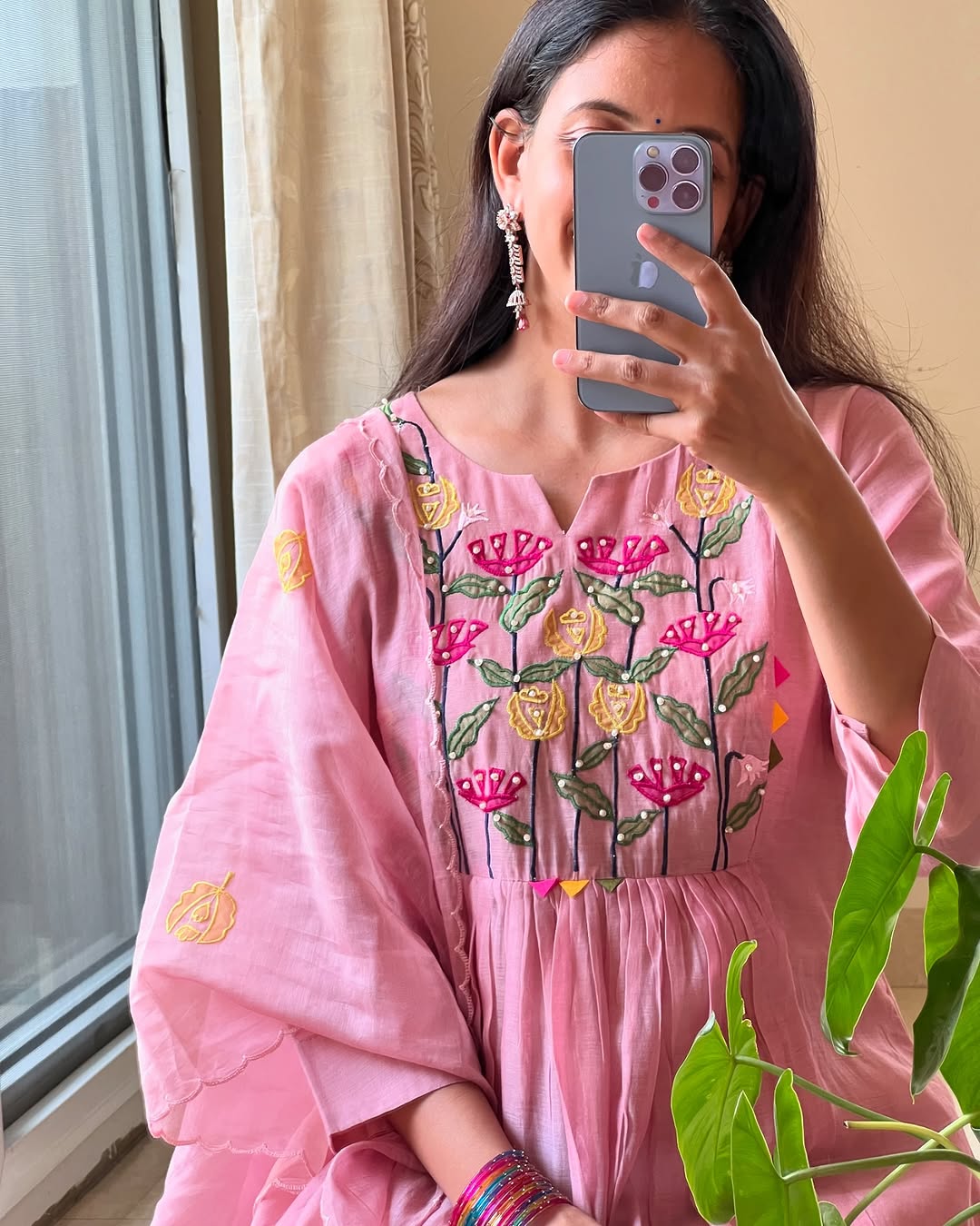 Pink Hand Embroidered Cotton Kurta Set with Dupatta