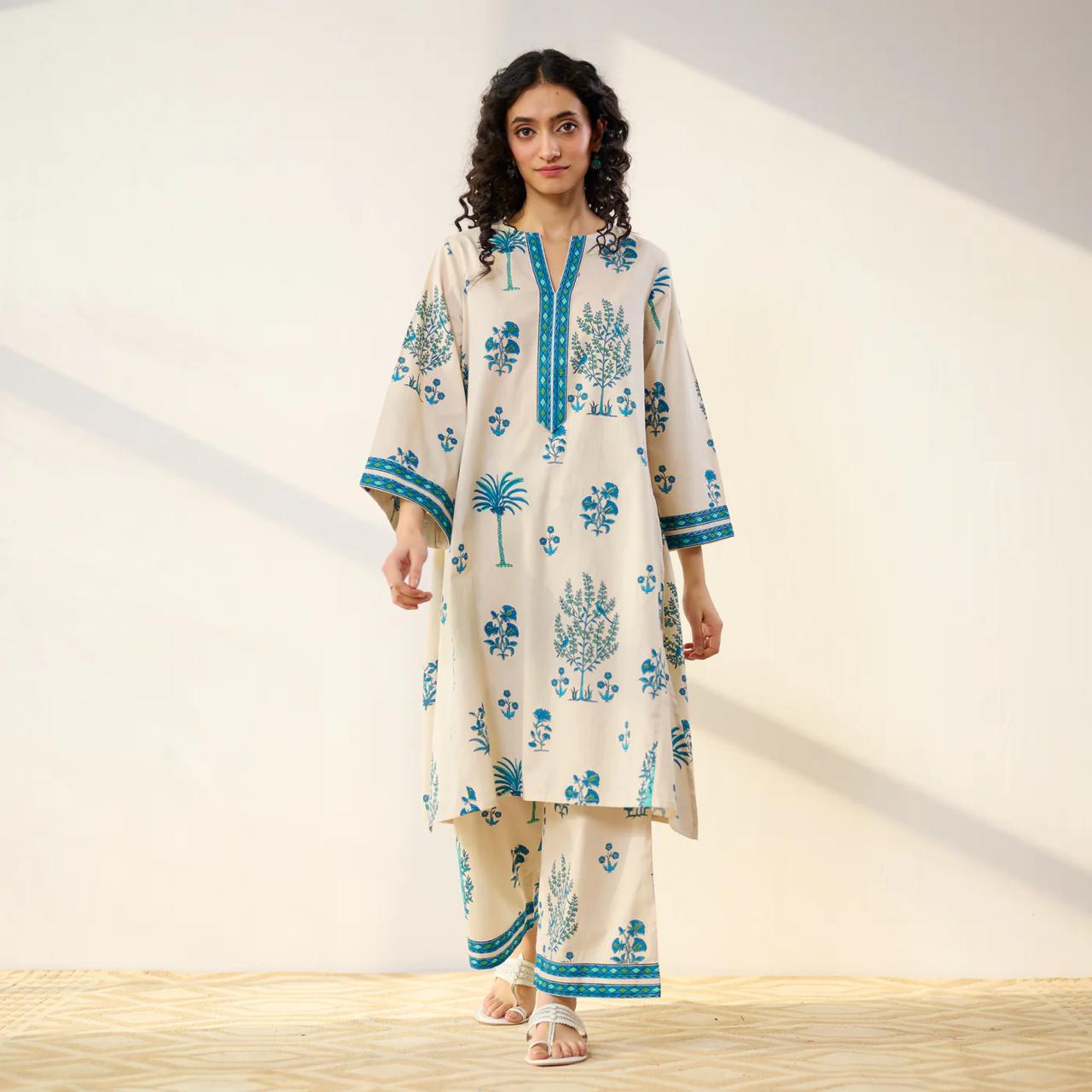 Beige & Blue Floral Printed Kurta Set with Palazzo Pants for Women