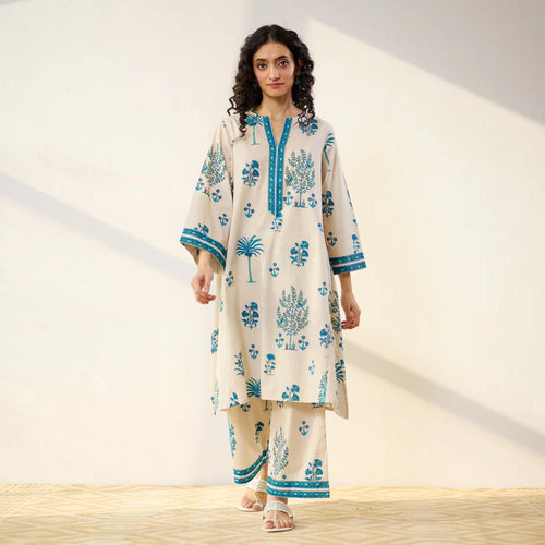 Beige & Blue Floral Printed Kurta Set with Palazzo Pants for Women