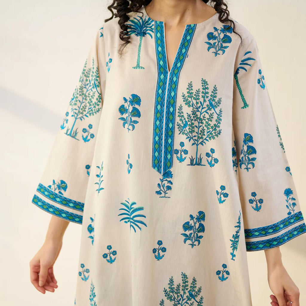 Beige & Blue Floral Printed Kurta Set with Palazzo Pants for Women