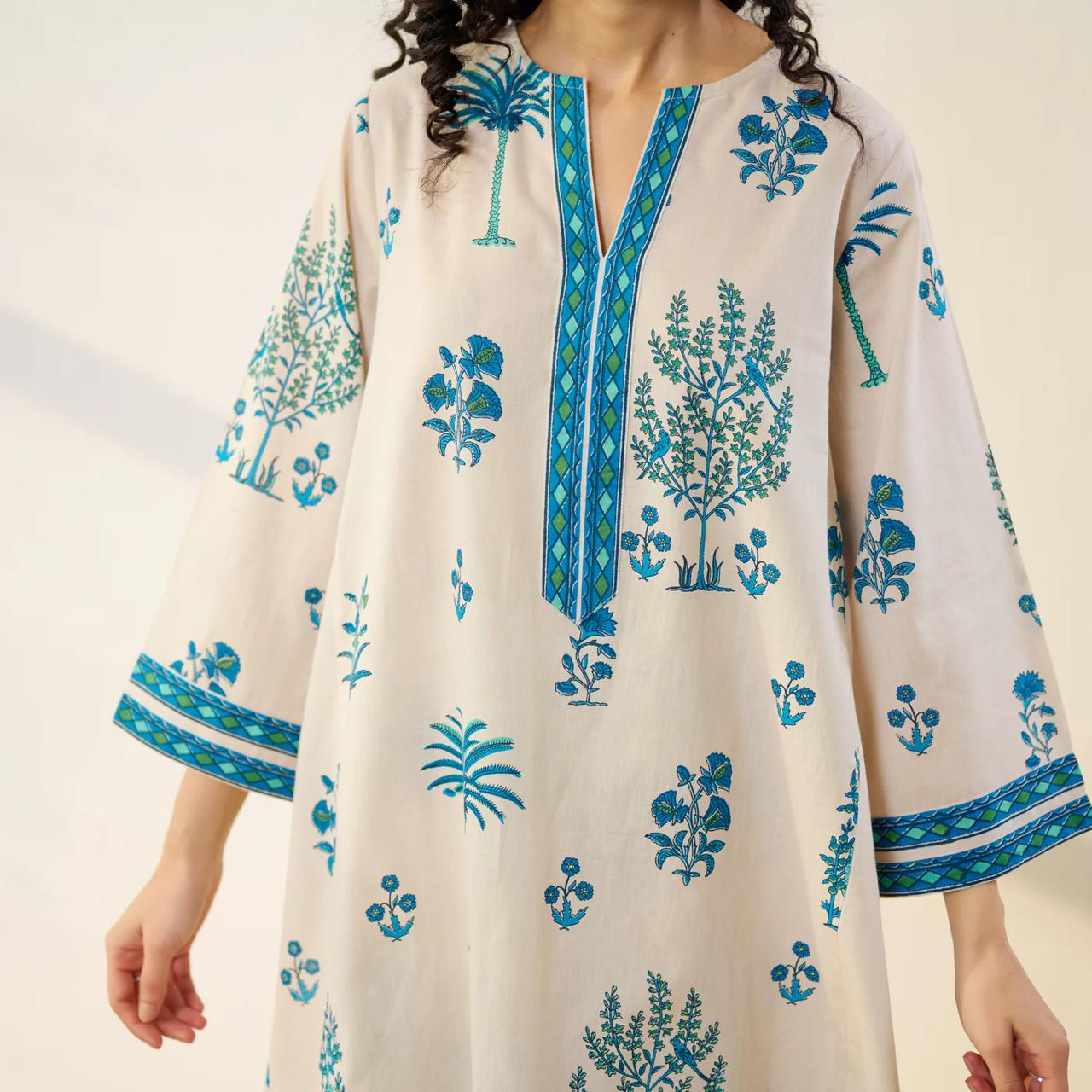Beige & Blue Floral Printed Kurta Set with Palazzo Pants for Women