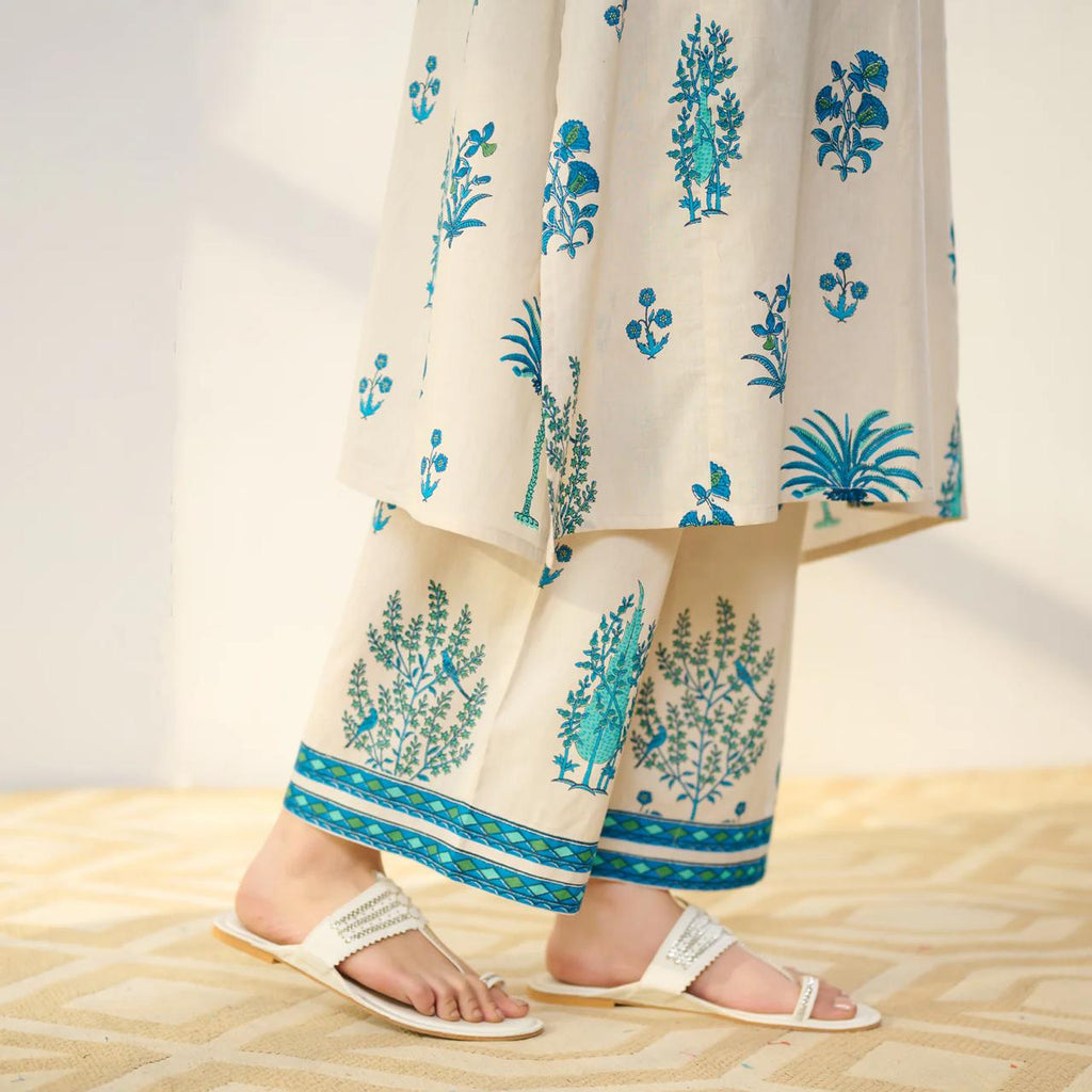 Beige & Blue Floral Printed Kurta Set with Palazzo Pants for Women