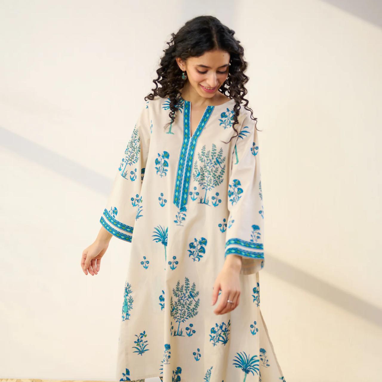 Beige & Blue Floral Printed Kurta Set with Palazzo Pants for Women