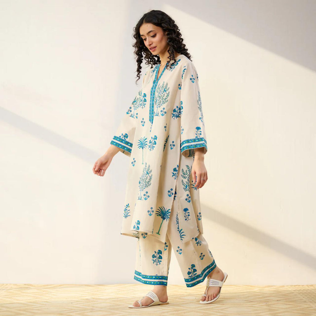Beige & Blue Floral Printed Kurta Set with Palazzo Pants for Women