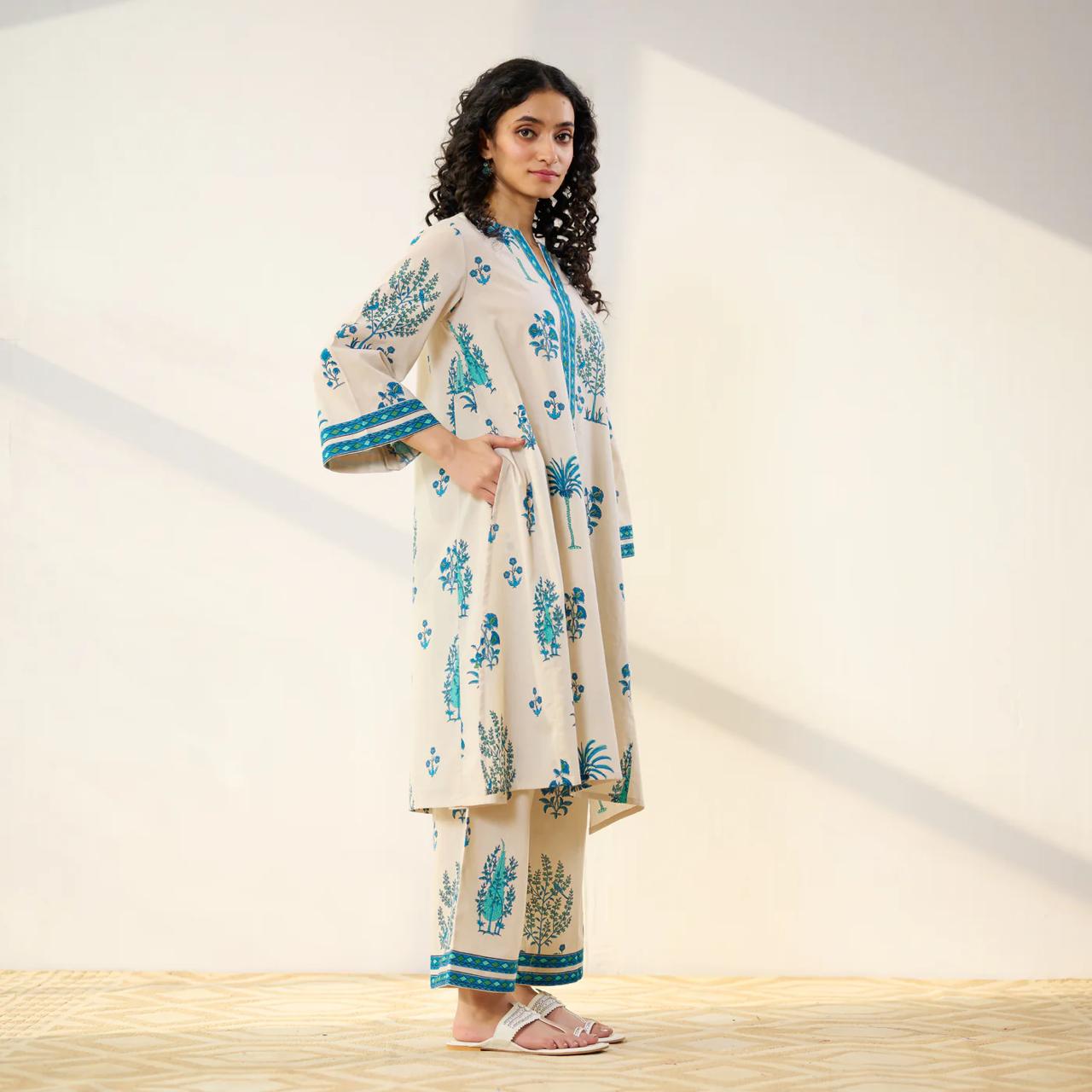 Beige & Blue Floral Printed Kurta Set with Palazzo Pants for Women
