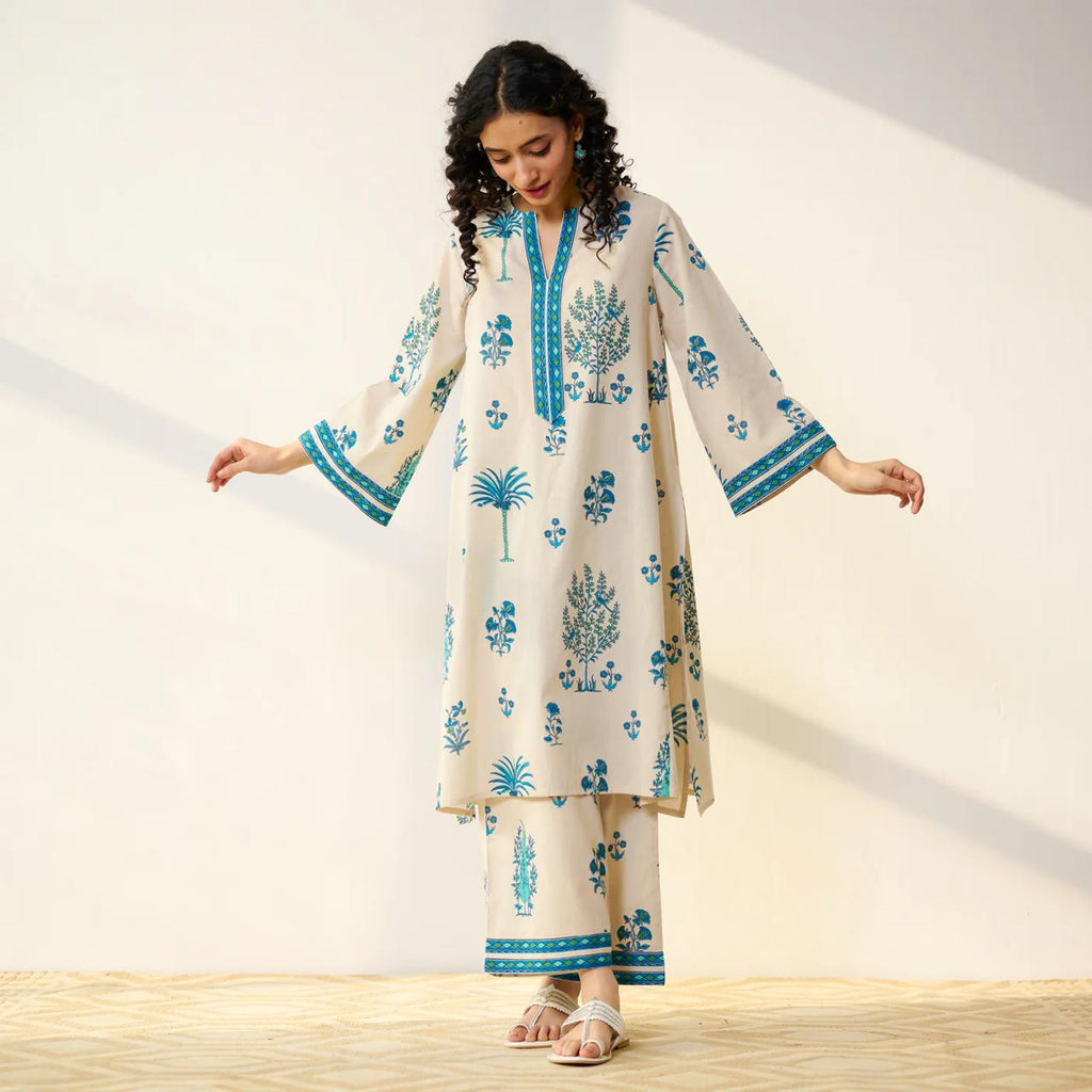 Beige & Blue Floral Printed Kurta Set with Palazzo Pants for Women