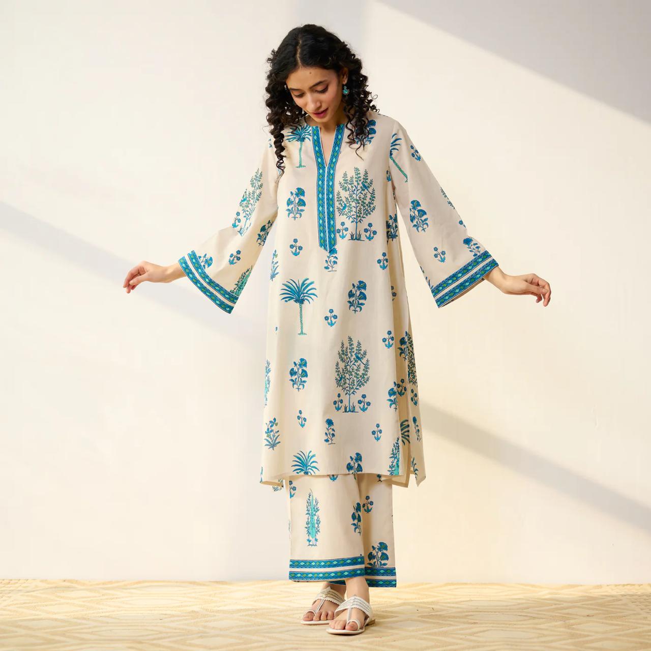 Beige & Blue Floral Printed Kurta Set with Palazzo Pants for Women