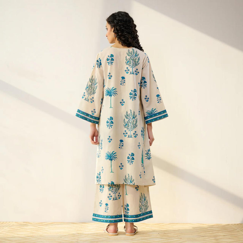 Beige & Blue Floral Printed Kurta Set with Palazzo Pants for Women