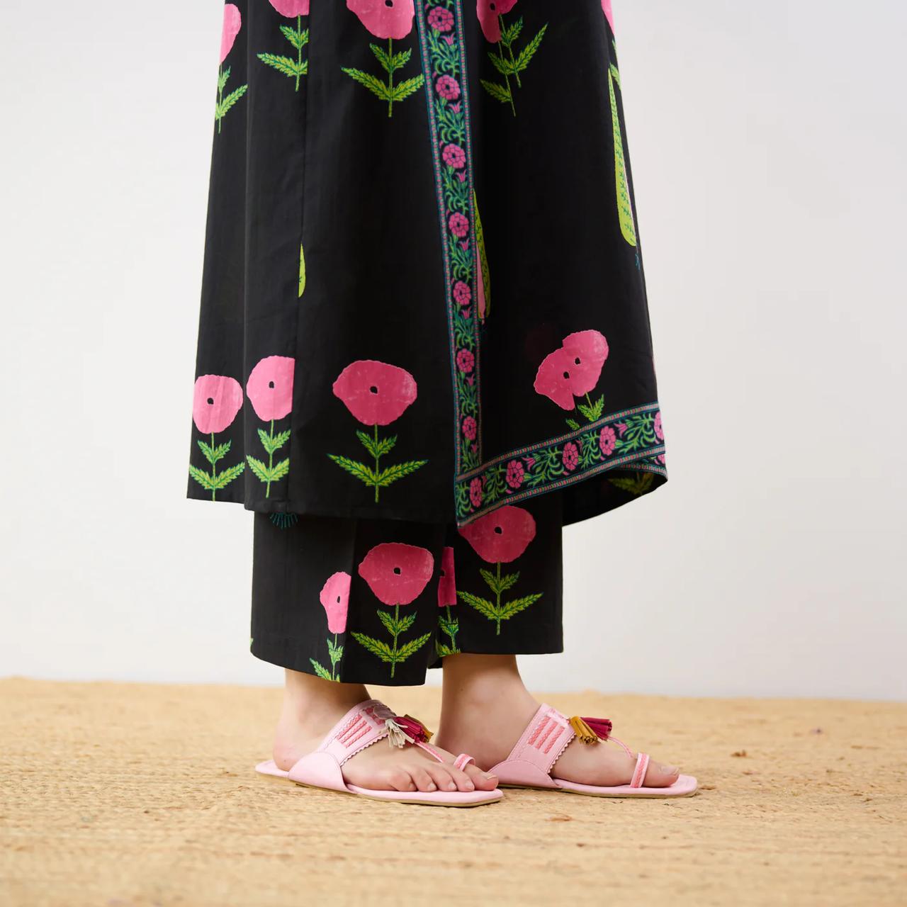 Black Floral Printed Kurta Set with Palazzo Pants for Women