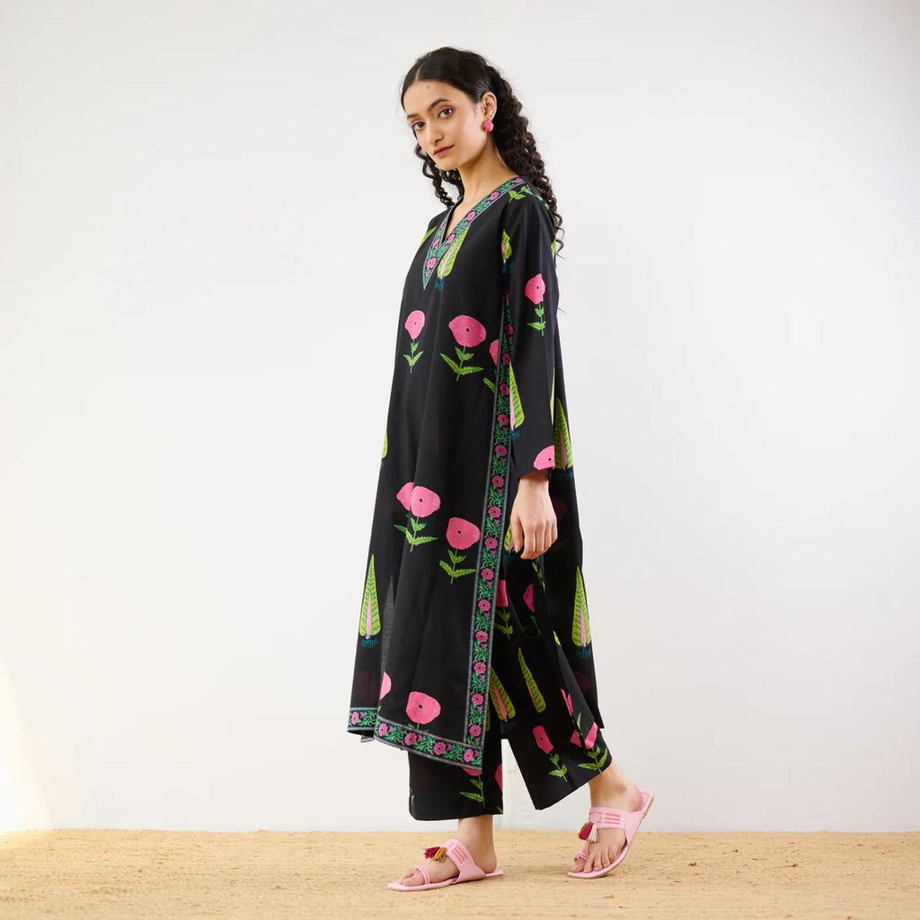 Black Floral Printed Kurta Set with Palazzo Pants for Women