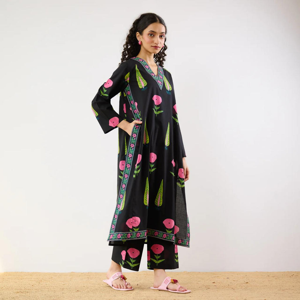 Black Floral Printed Kurta Set with Palazzo Pants for Women