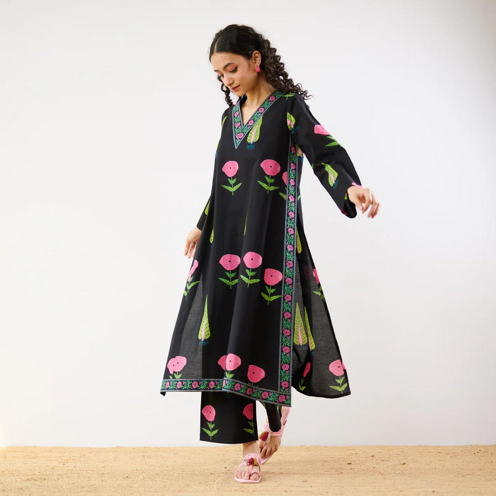 Black Floral Printed Kurta Set with Palazzo Pants for Women