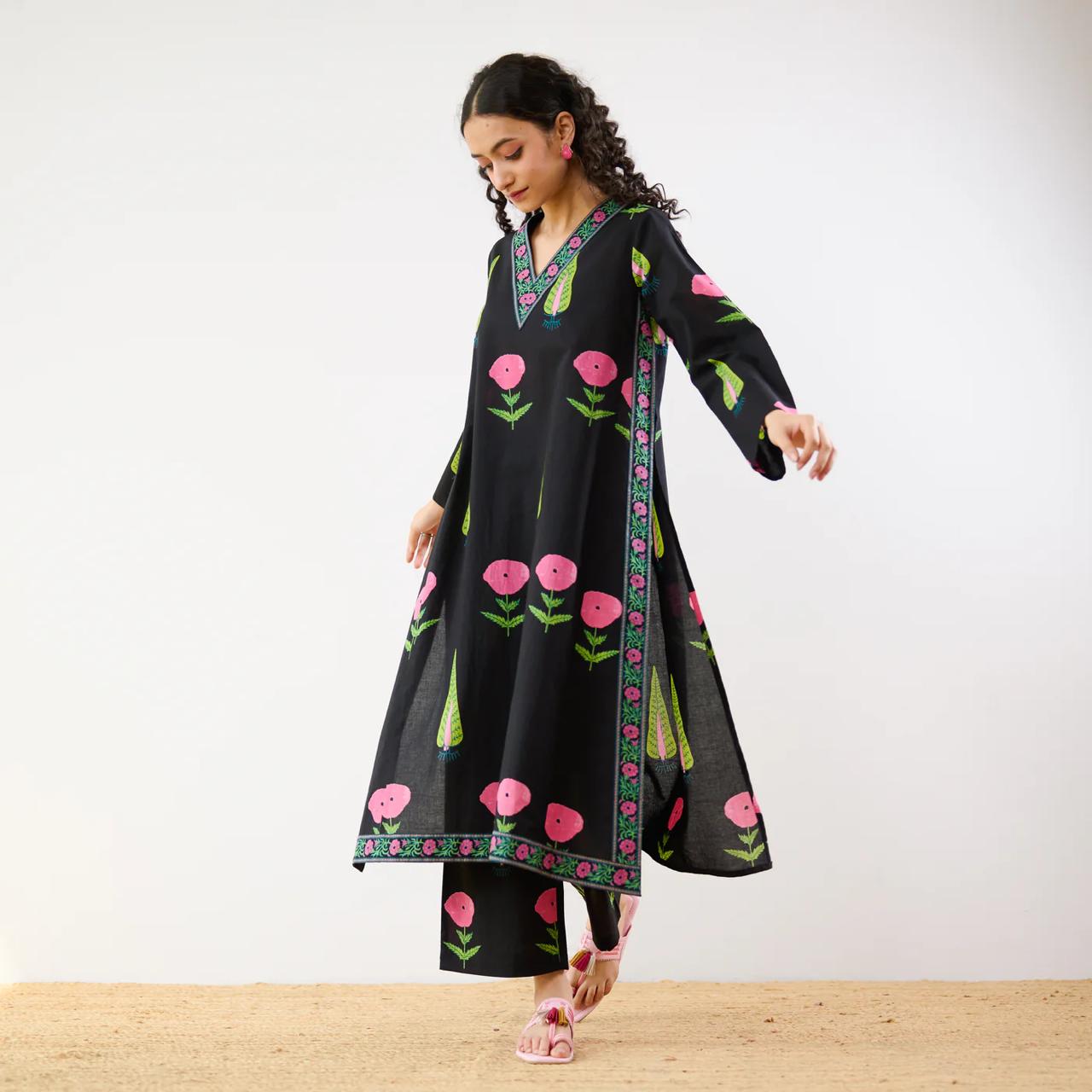 Black Floral Printed Kurta Set with Palazzo Pants for Women
