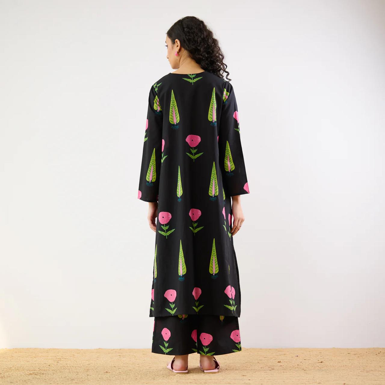 Black Floral Printed Kurta Set with Palazzo Pants for Women