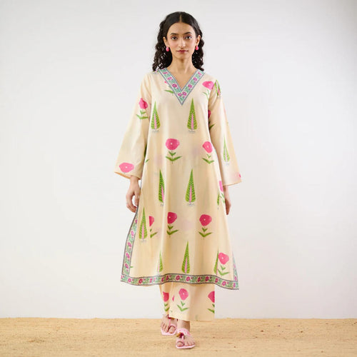 Beige Floral Printed Kurta Set with Palazzo Pants for Women