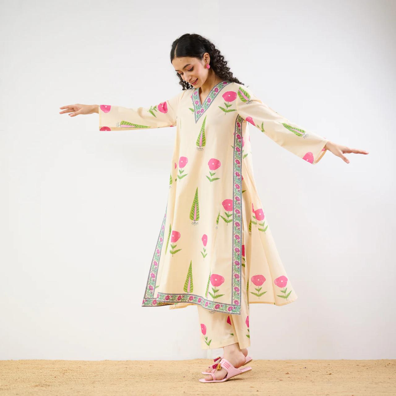 Beige Floral Printed Kurta Set with Palazzo Pants for Women