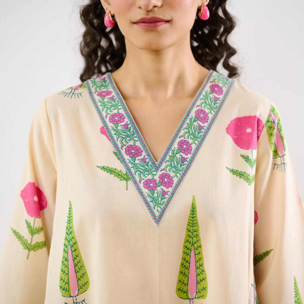 Beige Floral Printed Kurta Set with Palazzo Pants for Women