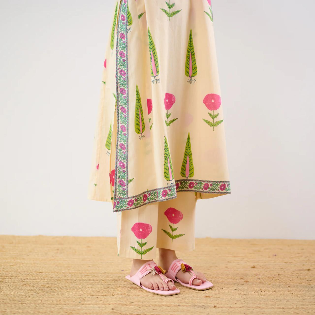 Beige Floral Printed Kurta Set with Palazzo Pants for Women